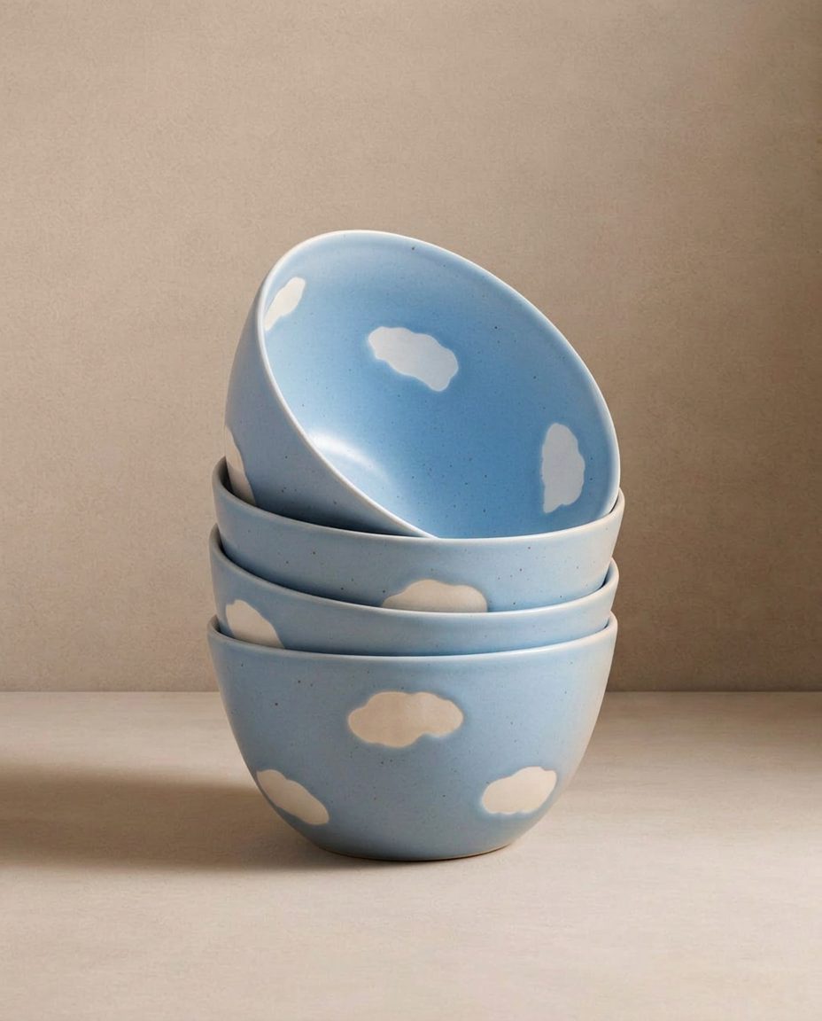 Bundle | Set of 4 Blue Cloud Bowls – Stoneware Ceramic, Food Safe – Egg ...